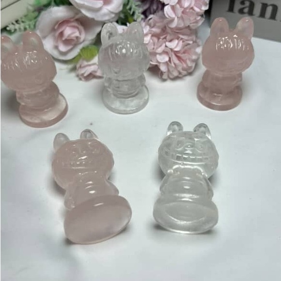 Boutique Labubu Crystal Carving | Rose Quartz Clear Quartz | Kawaii Collectible - Picture 1 of 2